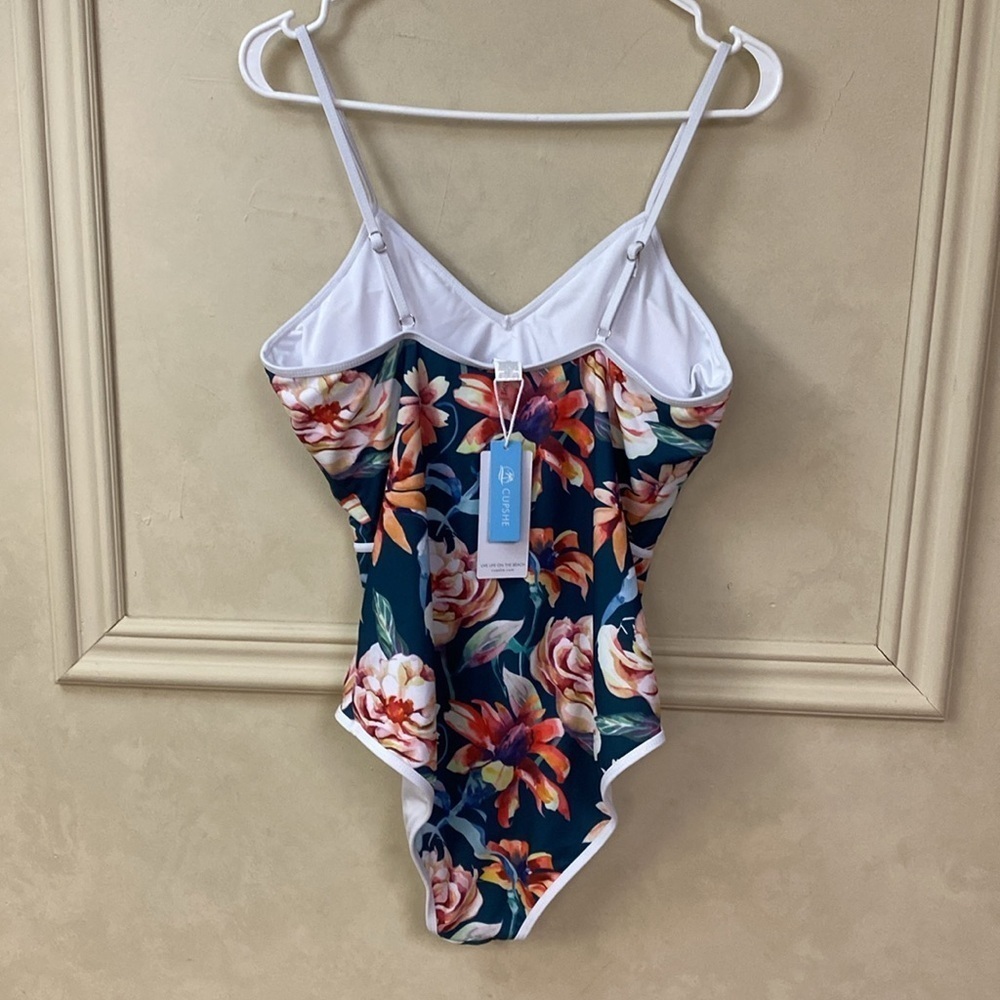 Floral Navy One-Piece Swimsuit with White Trim - Picture 3 of 5